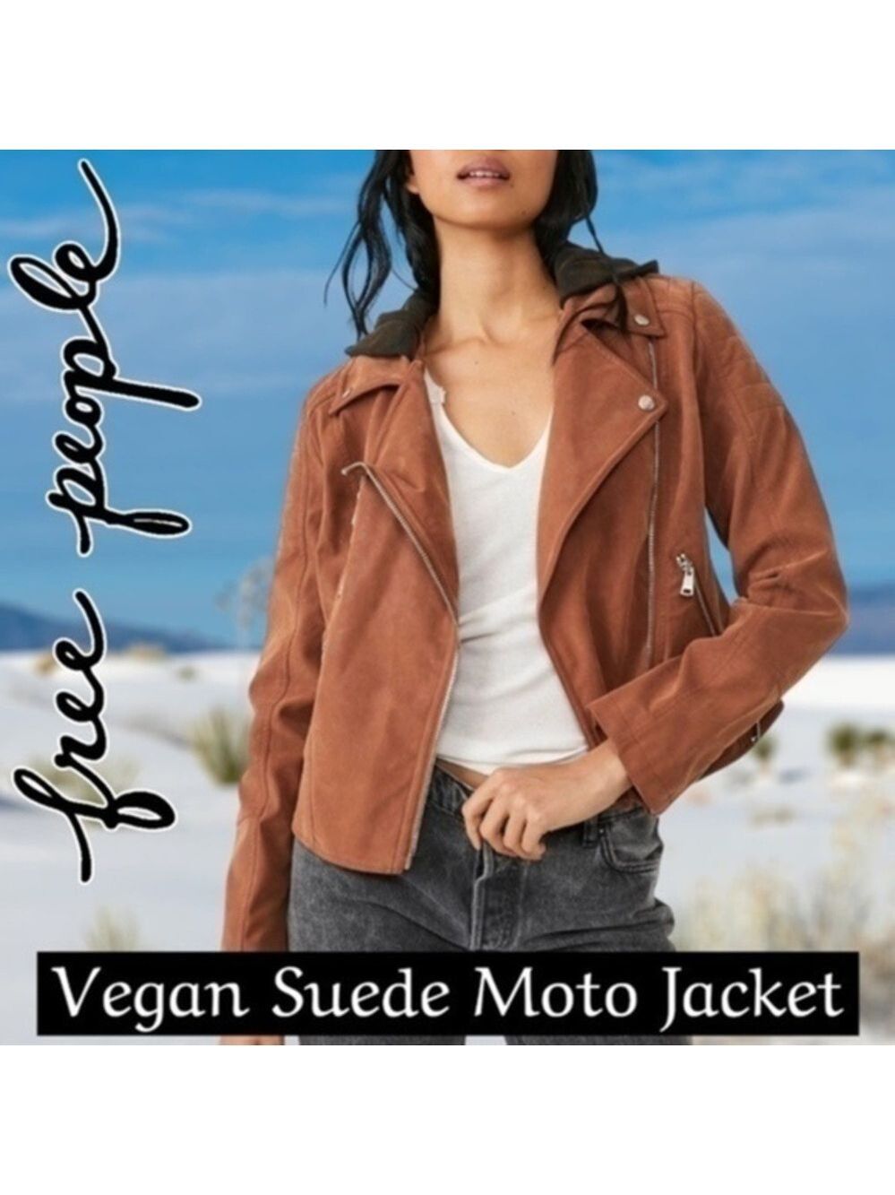 FREE PEOPLE NWT Harriett Moto-Style Brown Vegan Suede, Black Hood Jacket/Md
